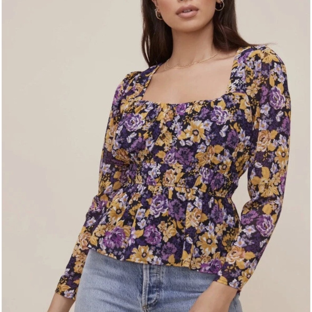 ASTR The Label Floral Peplum Top Sz M Mustard Purple Square Neck Long Sleeve Tie